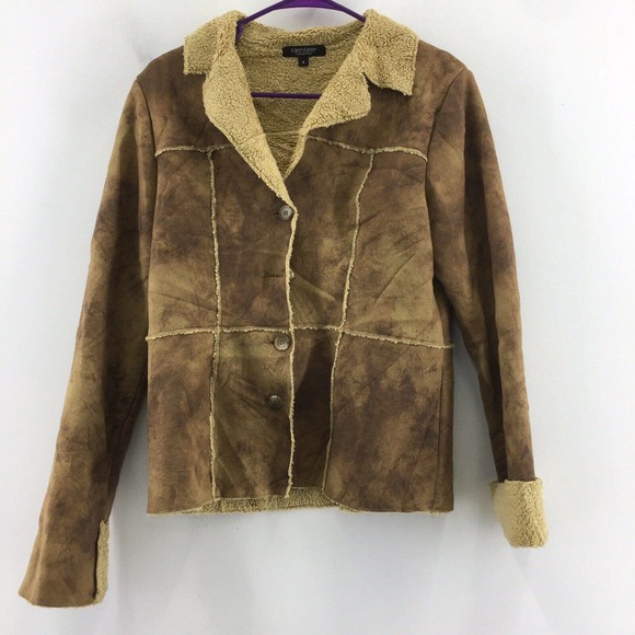 Karen Jane Chestnut Brown Sherpa Lined Button Up Bomber Jacket Womens Size S - Picture 1 of 5